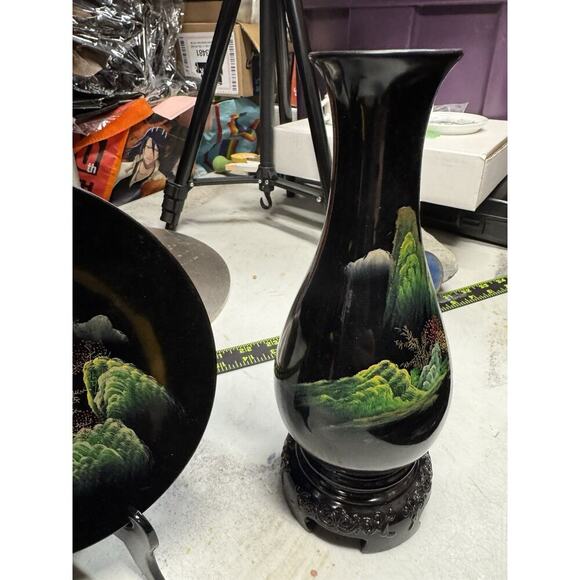 Vintage Fujian Lacquer Ware Asian Hand Painted Set 2 Vases 1 Plate In Box Papers - Picture 14 of 16